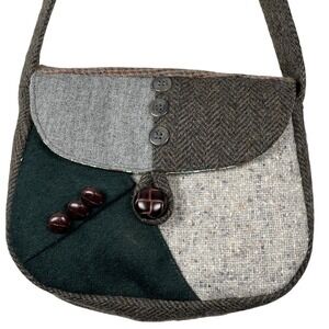 Multicolor Wool Tweed Patchwork Crossbody Bag Herringbone Paisley Lining‎ Boho